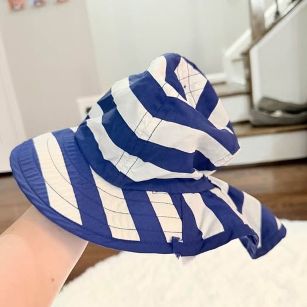 Pottery Barn Kids Baby Sun Hat Blue White Stripe 3-12M UPF Beach Hat - Picture 3 of 6